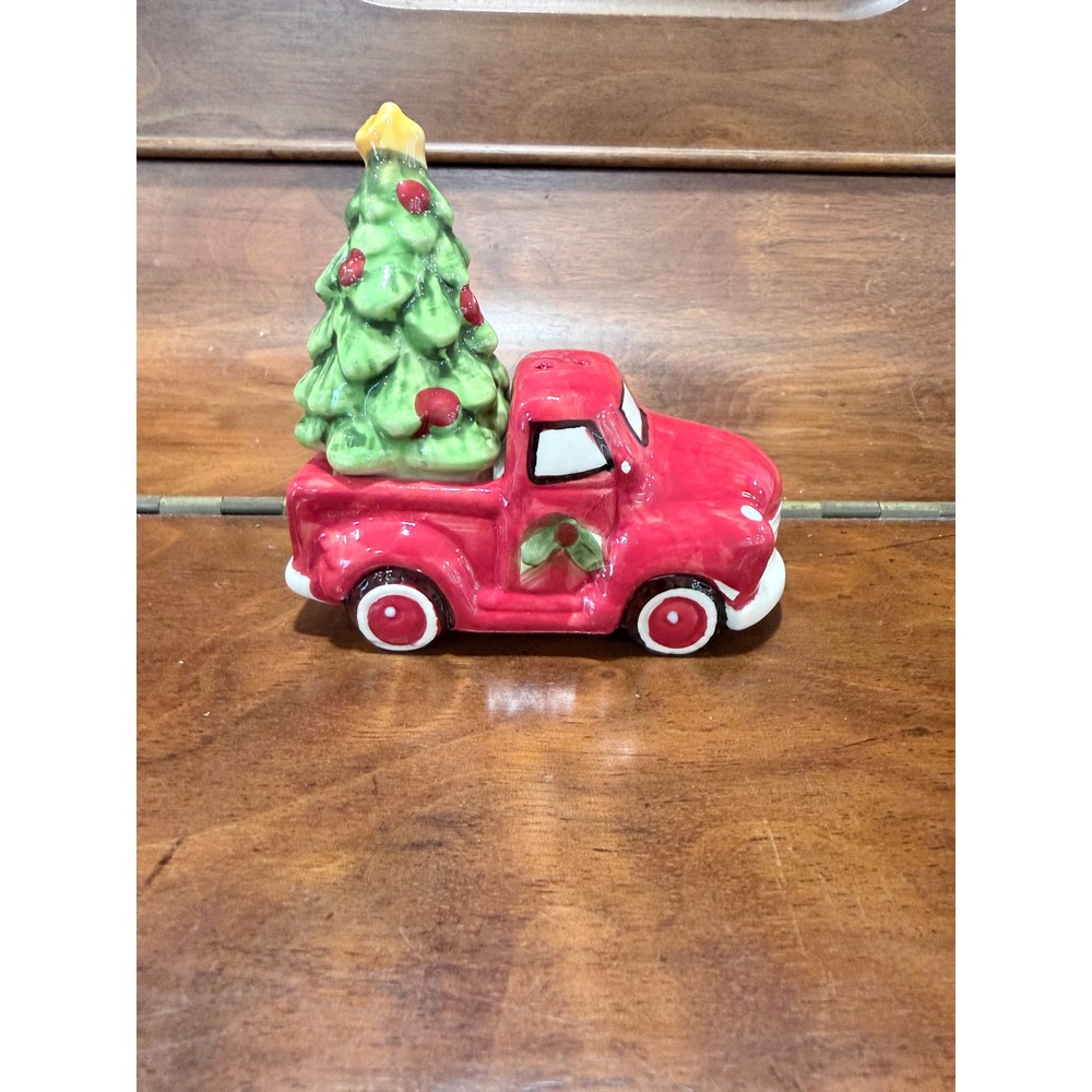 Red Vintage Truck and Christmas Tree Ceramic Salt and Pepper Shaker Set
